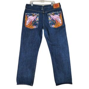 Vtg RMC Red Monkey Jeans Mens 39x34 Blue Embroidered Bird Floral Baggy Wide Leg